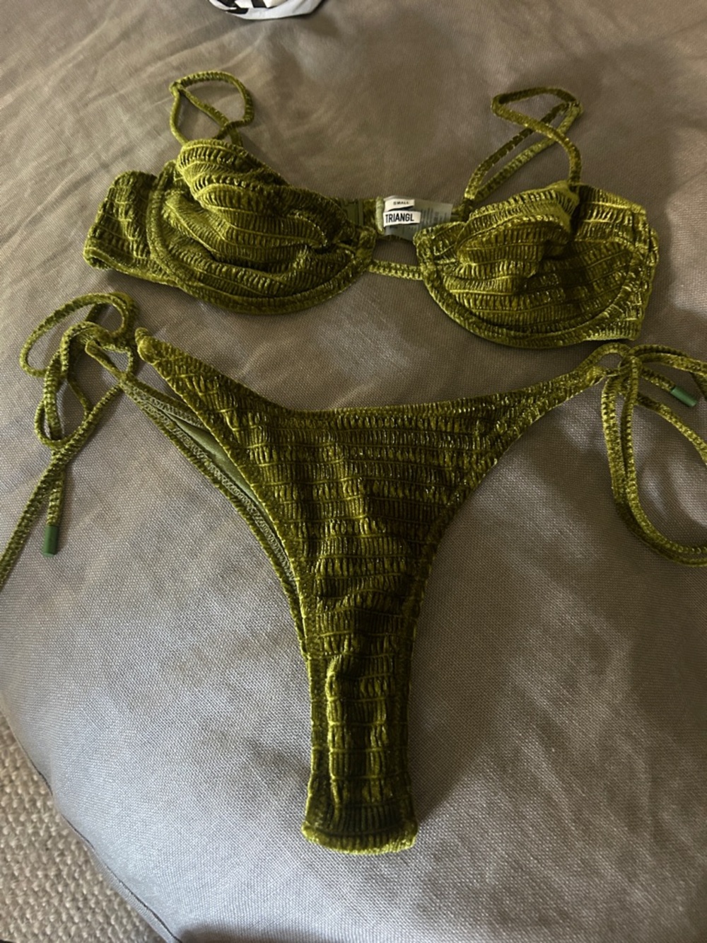 triangl swimwear Olive Green Textured Velvet Bikini Set